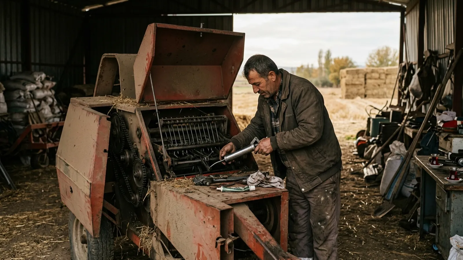 Sundurma altında kış bakımına alınmış, bağlama grubu ve zincirleri yağlanan balya makinesi