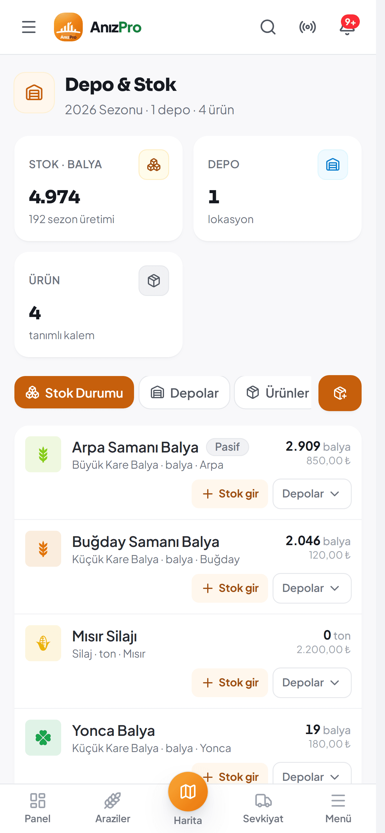 AnızPro stok yönetimi ekranı