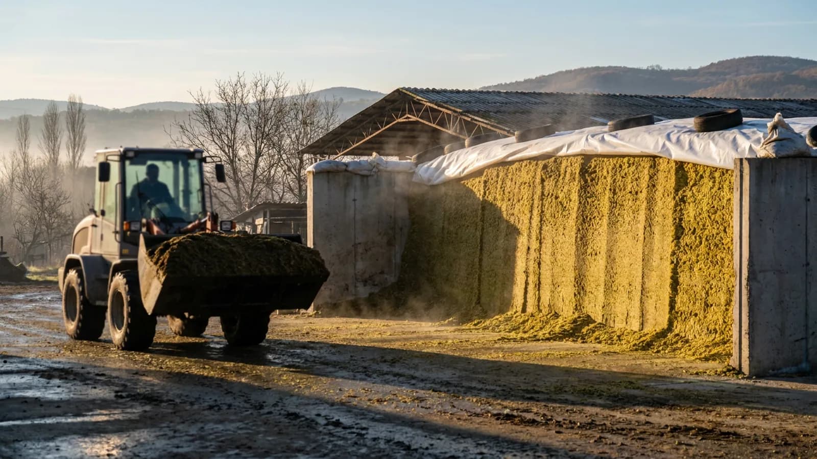 Silaj açma — açılmış beton siloda düz kesilmiş silaj yüzeyi ve yem alan yükleyici, sabah buğusu